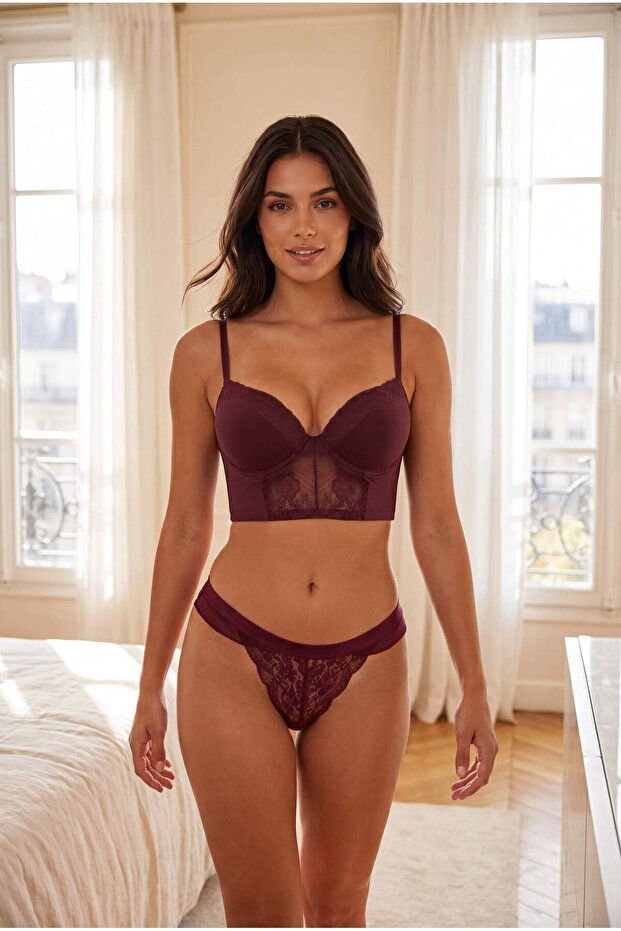Bordo Micro Dantelli İp Askılı Ekstra Dolgulu/Push-Up Büstiyer Örme Sütyen THMAW24SU00022