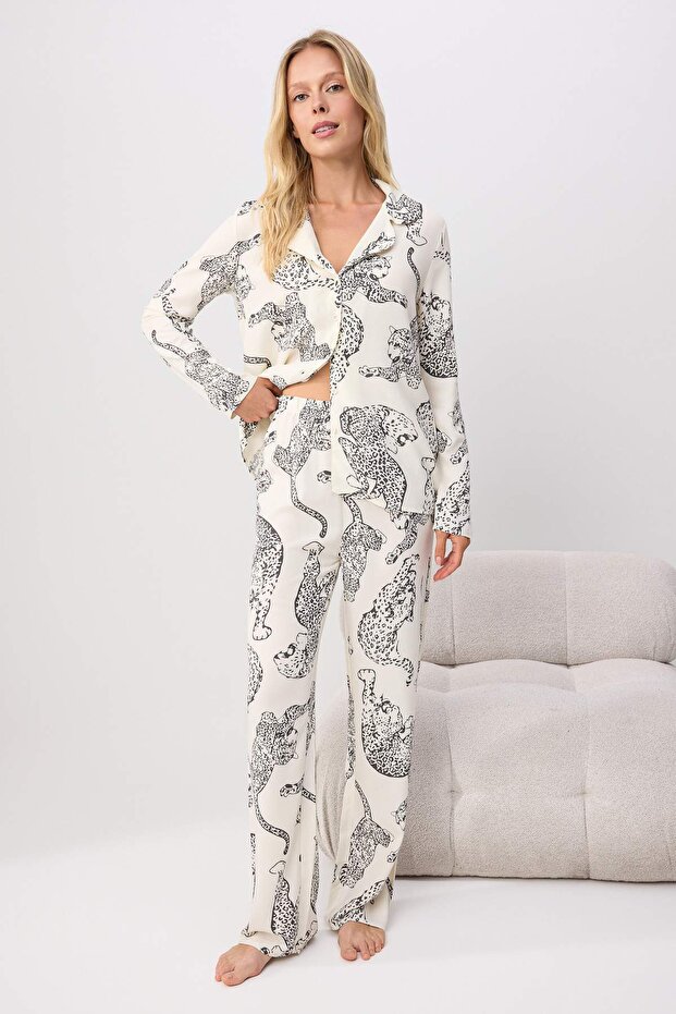 Krem Kaplan Desenli Viskon Dokuma Pijama Takımı THMAW24PT00092 - 1