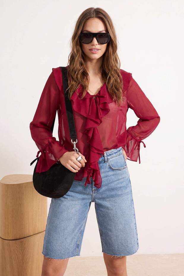 Bordo Fırfır Detaylı Transparan Şifon Dokuma Bluz TWOSS26BZ00084 - 1