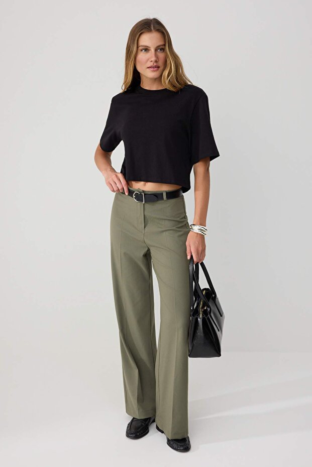 Haki Wide Leg/Geniş Paça Yüksek Bel Dokuma Kumaş Pantolon TWOSS23PL00314