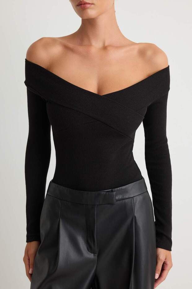 Siyah Carmen Yaka Fitilli Alttan Çıtçıtlı Esnek Örme Body TWOAW21BD0053 - 3