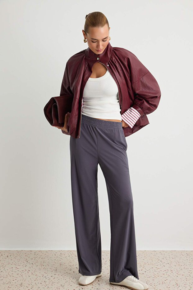 Antrasit Wide Leg/Rahat Kesim Yüksek Bel Esnek Pantolon TWOSS23PL00129 - 1