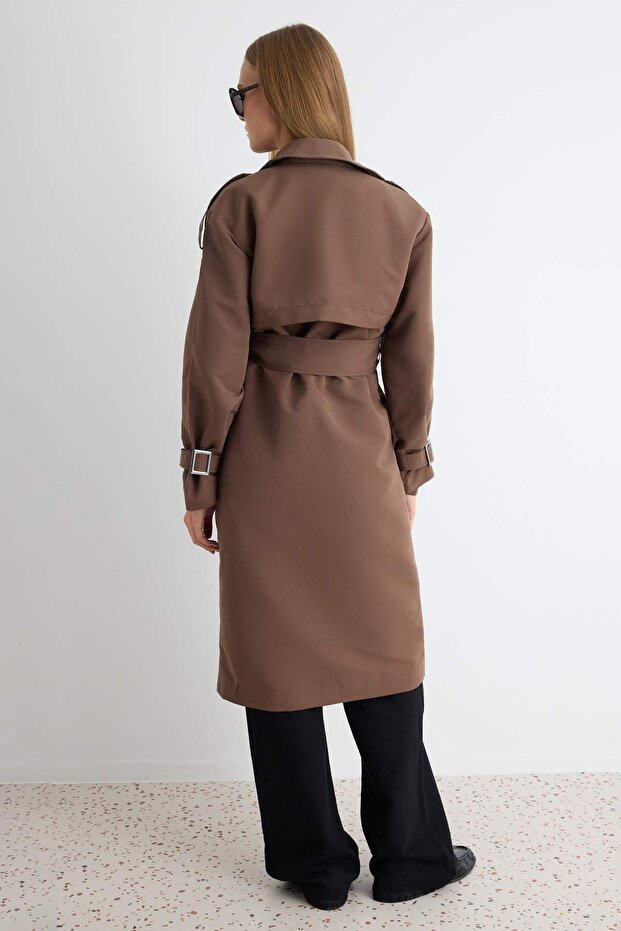 Kahverengi Oversize Kuşaklı Trençkot TWOSS21TR0005 - 4
