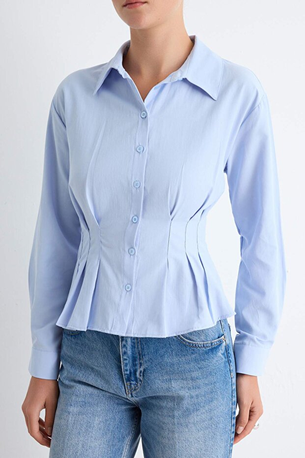 Açık Mavi Fitted/Bele Oturan Dokuma Gömlek TWOAW24GO00186 - 3