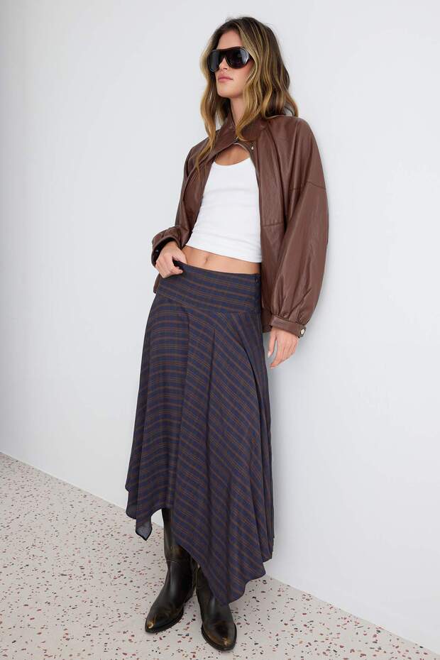 Navy Blue Plaid Draped Asymmetrical Cut Midi Skirt Twoaw27Et00078
