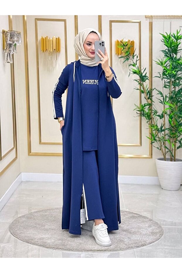 بدلة حجاب نسائية 3 قطع قماش خيطين n-05115 _ أزرق