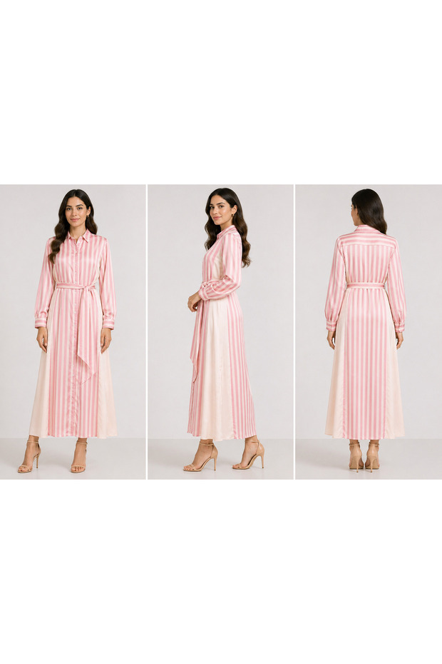 Pink & White Striped Satin Shirt Dress