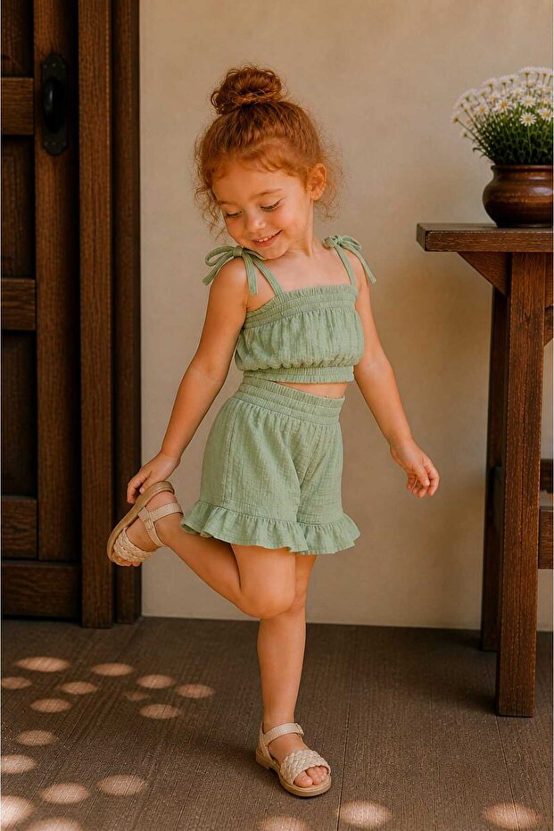 Girl's Muslin Elastic Crop Blouse & Ruffle Shorts Set