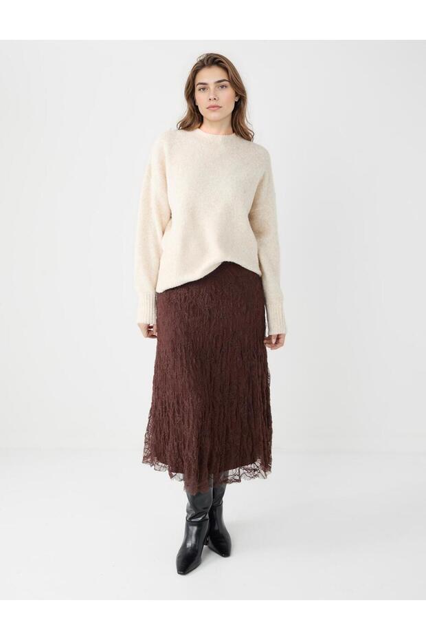 Brown High Waist Lace Detailed Knitted Midi Skirt