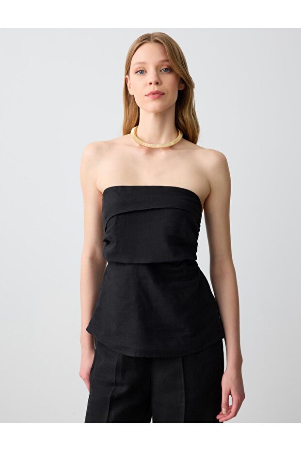 Black 100% Linen Slim Fit Strapless Blouse