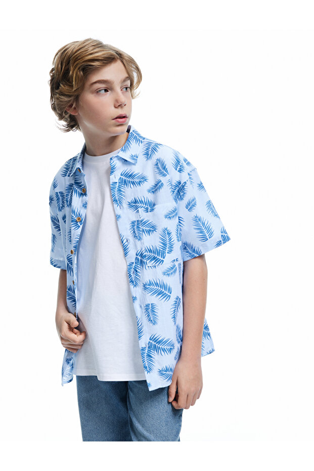 Leaf Print Short Sleeve Single Pocket Cotton Shirt