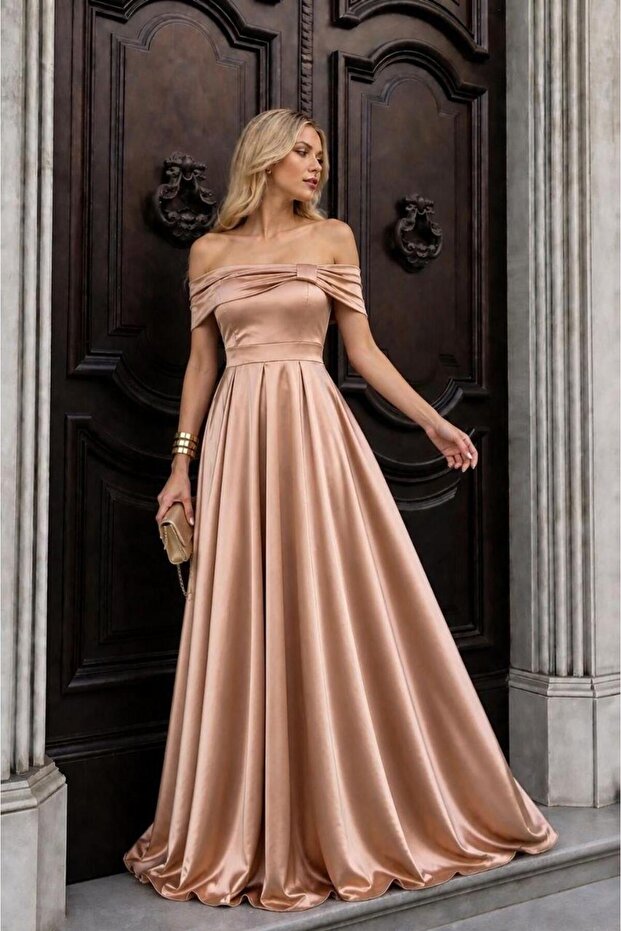 Gold Off-Shoulder Satin Long Evening Dress 582611