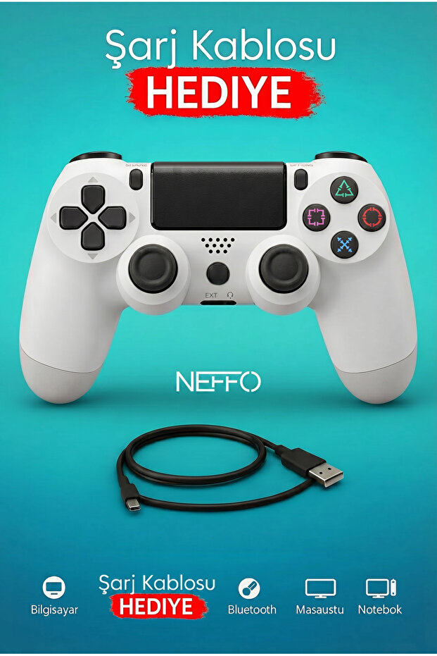 NEFFO Ps4 Joystick Tablet Telefon Pc Uyumlu Titreşimli Oyun Kolu 1 Adet - Şarj Kablo Hediyeli