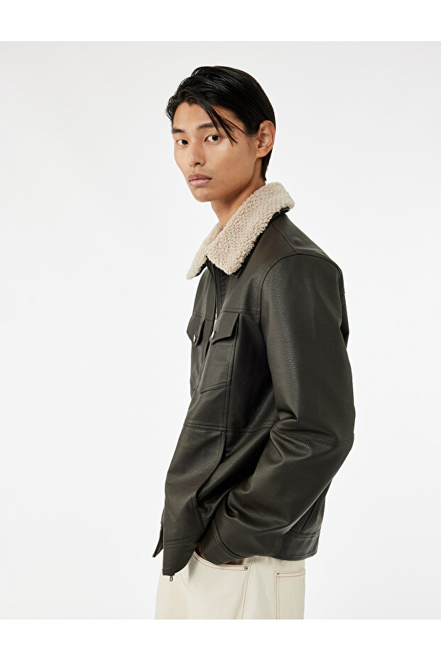 Slim Fit Plush Collar Faux Leather Jacket with Long Sleeves and Flap Pocket Detail