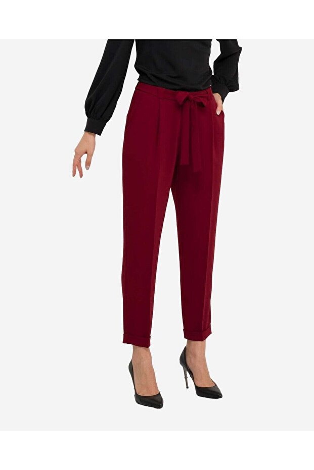 Burgundy Belted Classic Trousers – Pleated, Adjustable Waist, Office Style | Frn Line