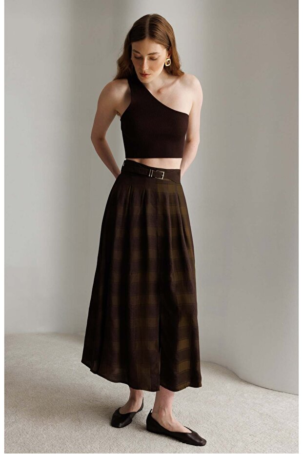4870 Women's Plaid Slit Skirt with Thick Belt Khaki