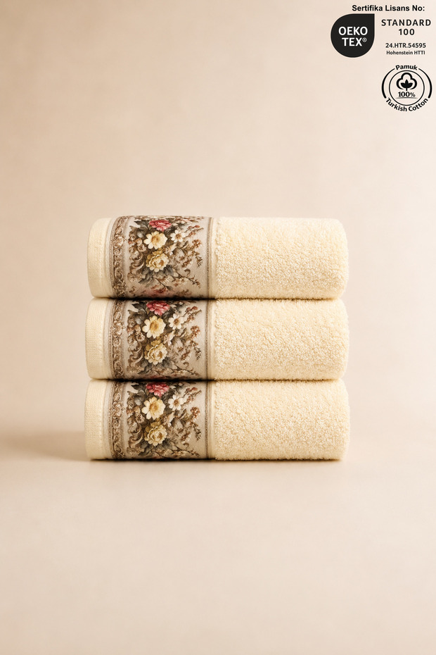Fiore 3-Piece Towel Set 100% Certified Cotton, Floral Pattern Hand/Face/Kitchen Towels 50X90Cm