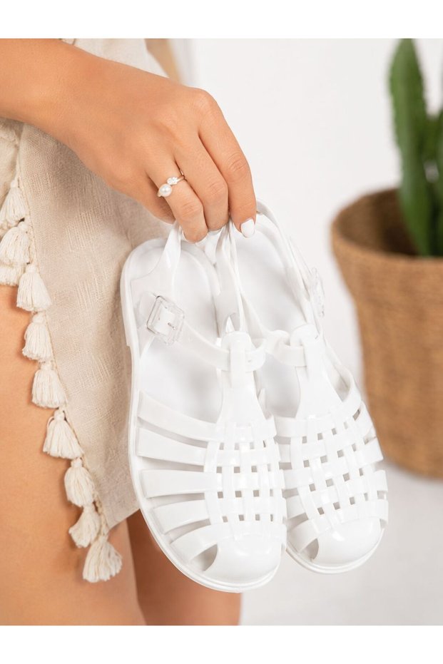 White Women's Sandals with Jelly Transparent Buckle