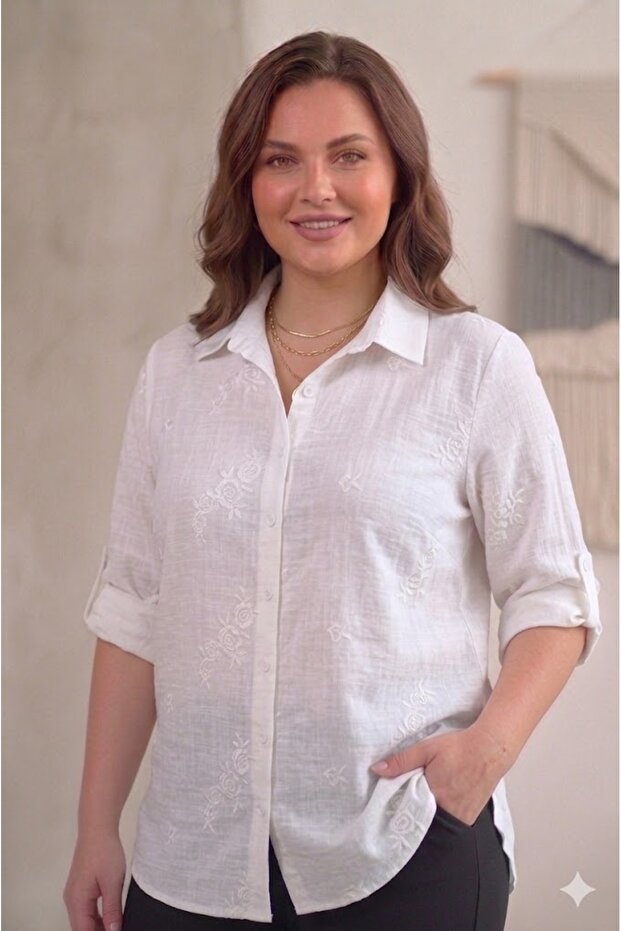 Plus Size Women's Work Shirt in Poly Linen