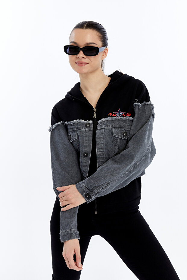 Women's Oversize Combed Cotton and Denim Garnished Jacket Zippered College Coat Printed Daily Use Denim Jacket
