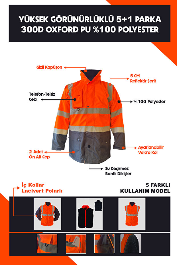 Oxford Reflective 5+1 Parka Coat High Visibility Coat Work Coat