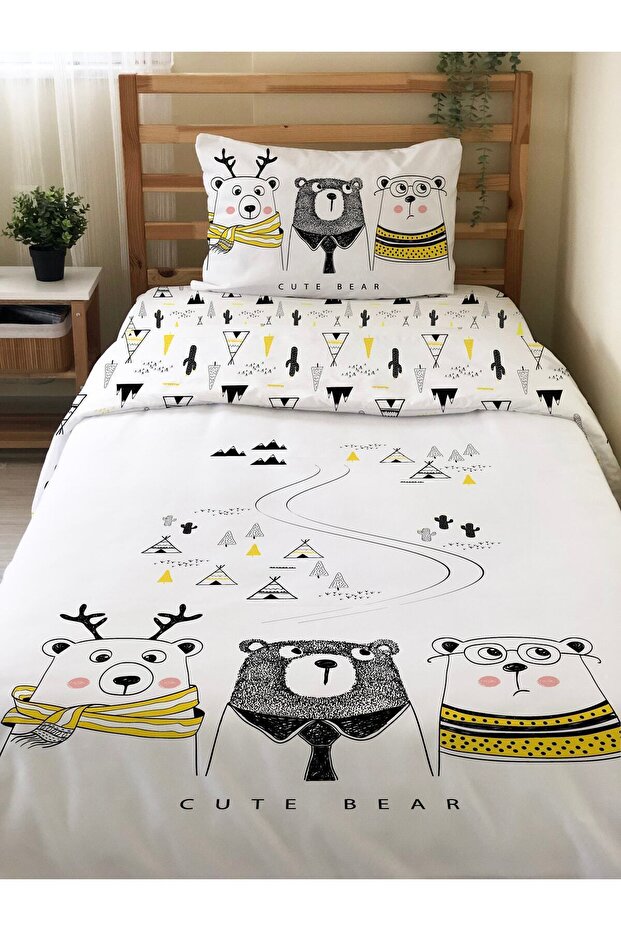 طقم غطاء لحاف فردي مطبوع بدون ملاءات بنمط طريق الدببة الثلاثة على الوجهين - أبيض