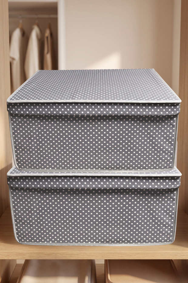Set of 2 Mega Multi-Purpose Storage Boxes Gray Polka Dot Toy and Clothing Organizer Storage Bins 40X60X30 cm