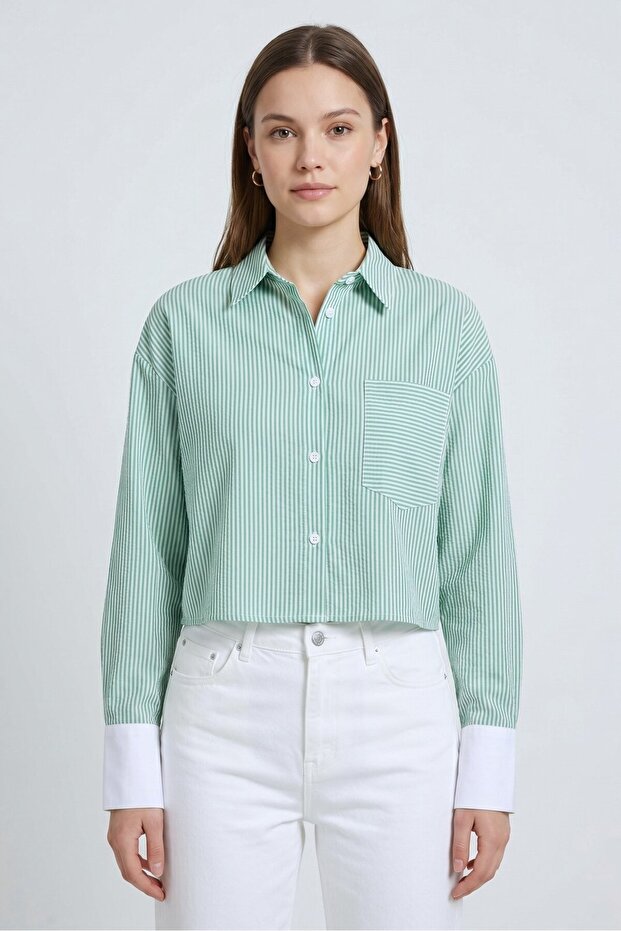 Women's Striped Relax Fit Single Pocket Woven Crop Shirt - White Cuffs