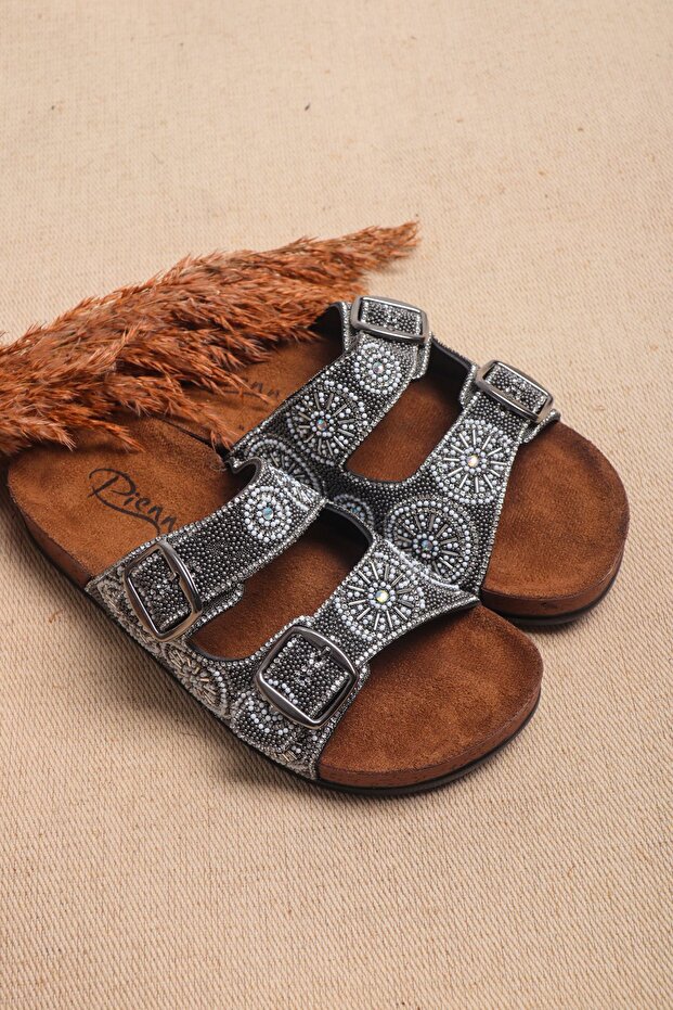 Stoned Low Wedge Heel Single Band Beaded New Season Women's Slippers
