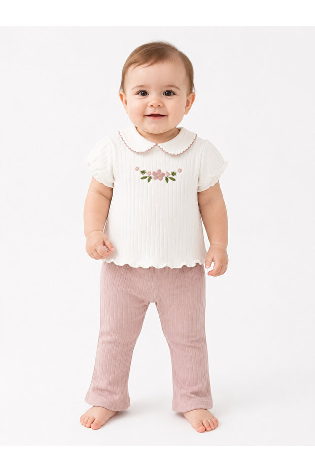 Baby Collar Floral Embroidered T-Shirt and Pants Set