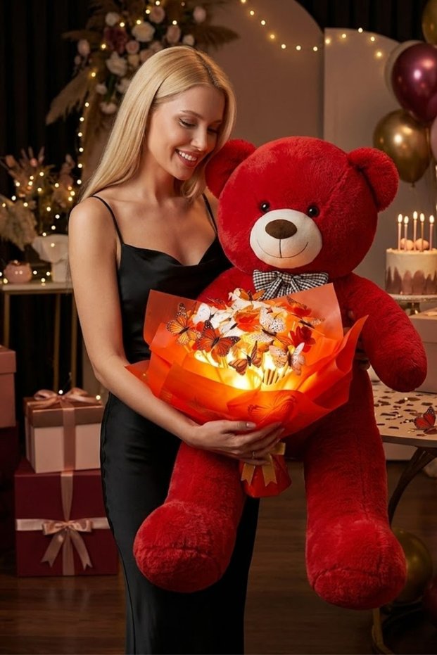 Red and White Butterfly Bouquet with Led Lights – 25 Butterflies & 90 cm Large Plush Bear | To Valentine's Day