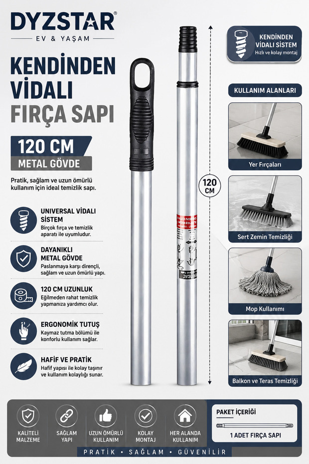 Self-Screwing Brush Handle 120 cm Metal Cleaning Handle Universal Screwed System