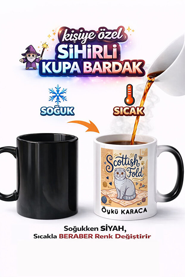 Animal Scottish Fold Cat with Ears Double-Sided Printed Porcelain Magic Mug