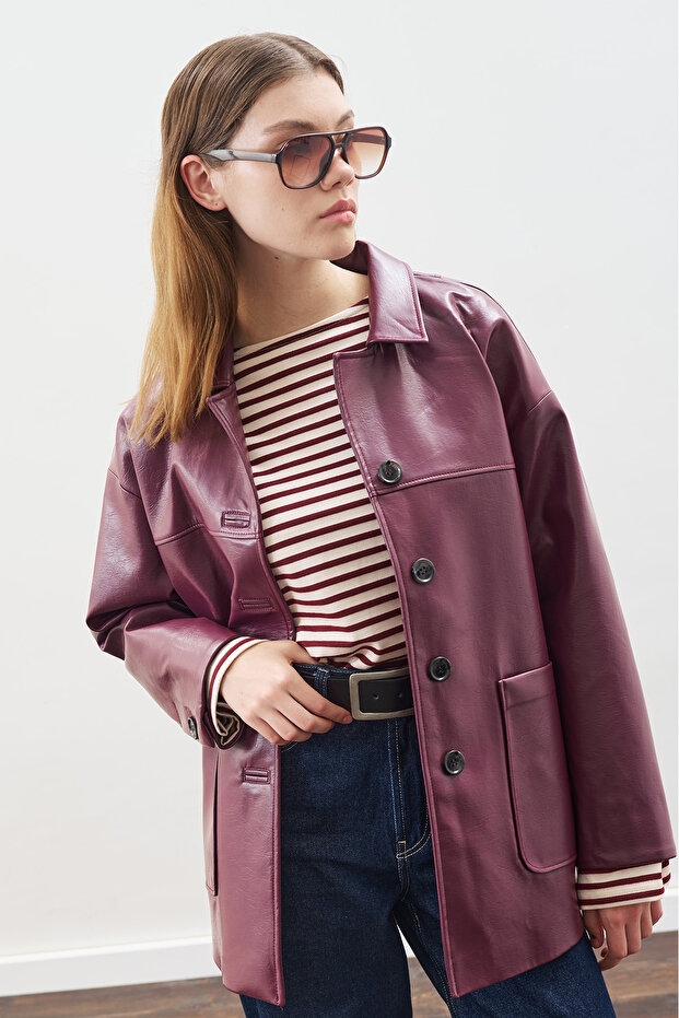 Classic Cut Leather Jacket Mürdüm - 3
