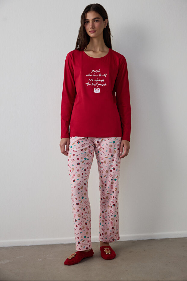 Red Joyous Time New Year Themed Crew Neck Cotton Long Sleeve Pajama Set
