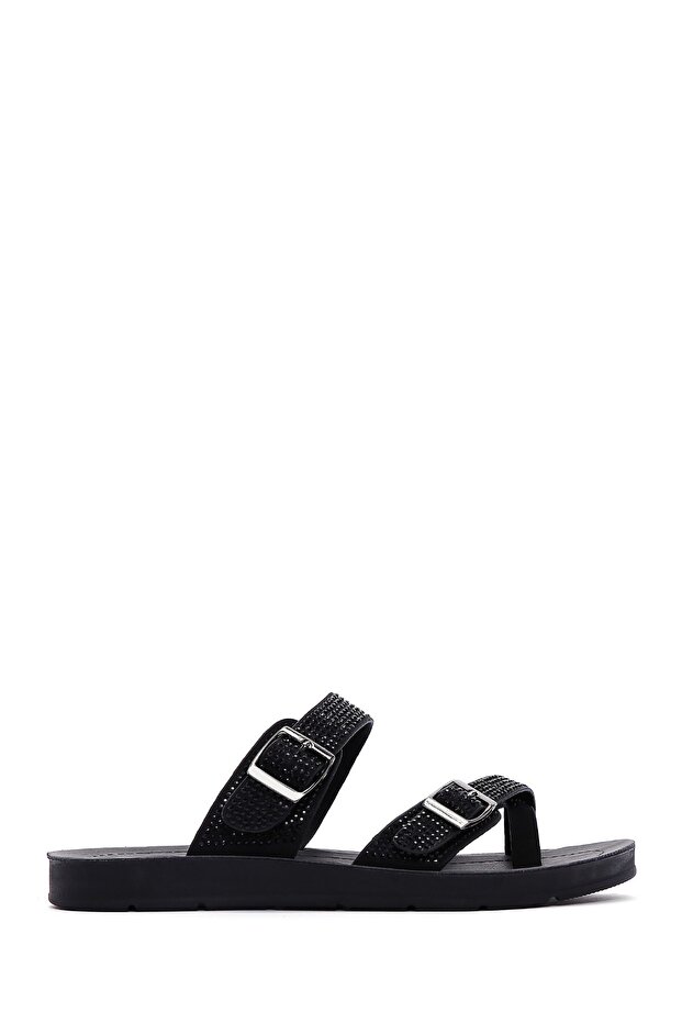 Women's Black Double Buckle Stone Slippers 26Sfe460114