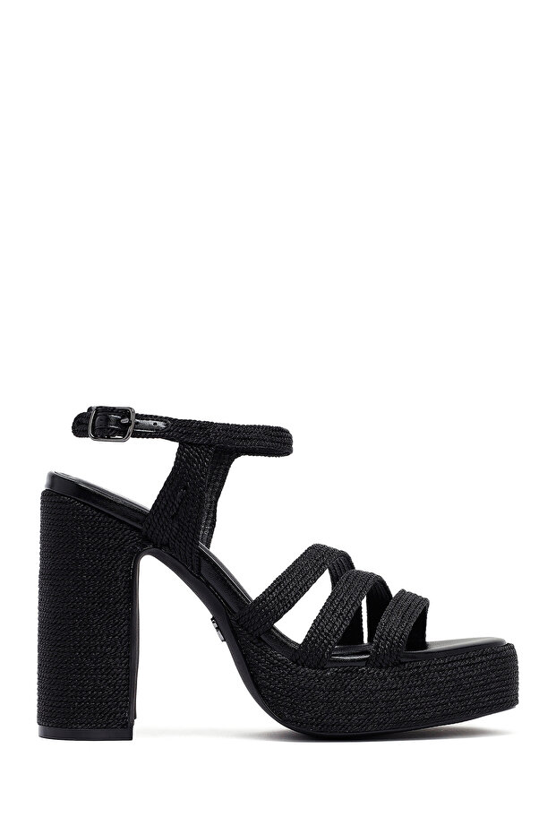 Women's Black Ankle Buckle High Thick Heeled Platform Straw Sandals,Heeled Shoes 25Sfd4433M