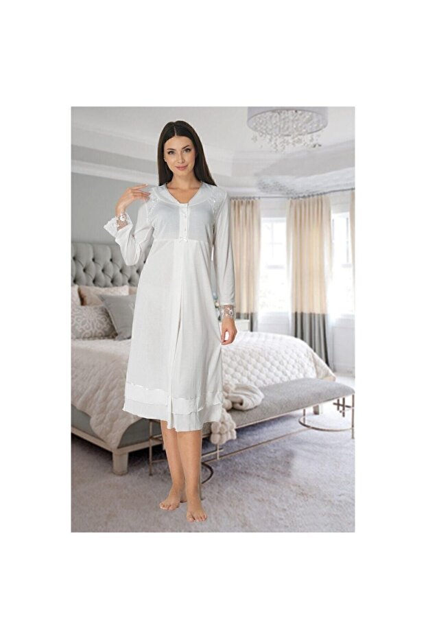 Off-white, nursing-friendly nightgown with Lace detail for maternity and postpartum periods.