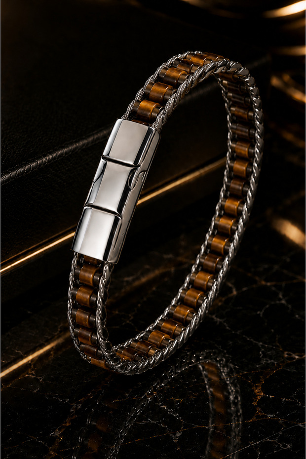 Tiger's Eye Stone Steel Men's Bracelet Multi-Row Modern Design