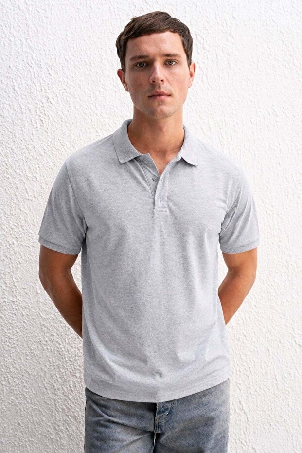 Gray Overfit Short Sleeve Polo Neck Men's T-Shirt 7029