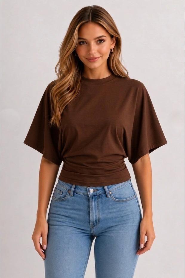 Women's Waist-Fitted, Wide-Sleeved Top Brown Blouse-T-Shirt