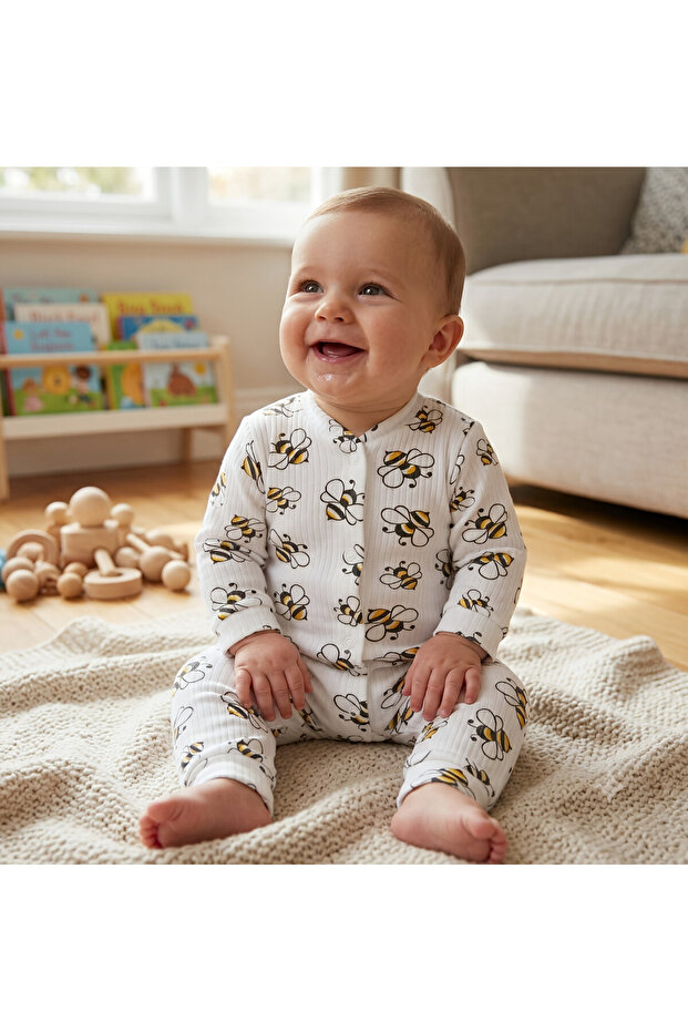 Uni Baby Bee Patterned Snap-On Jumpsuit Without Booties 3 Months 6 Months 9 Months