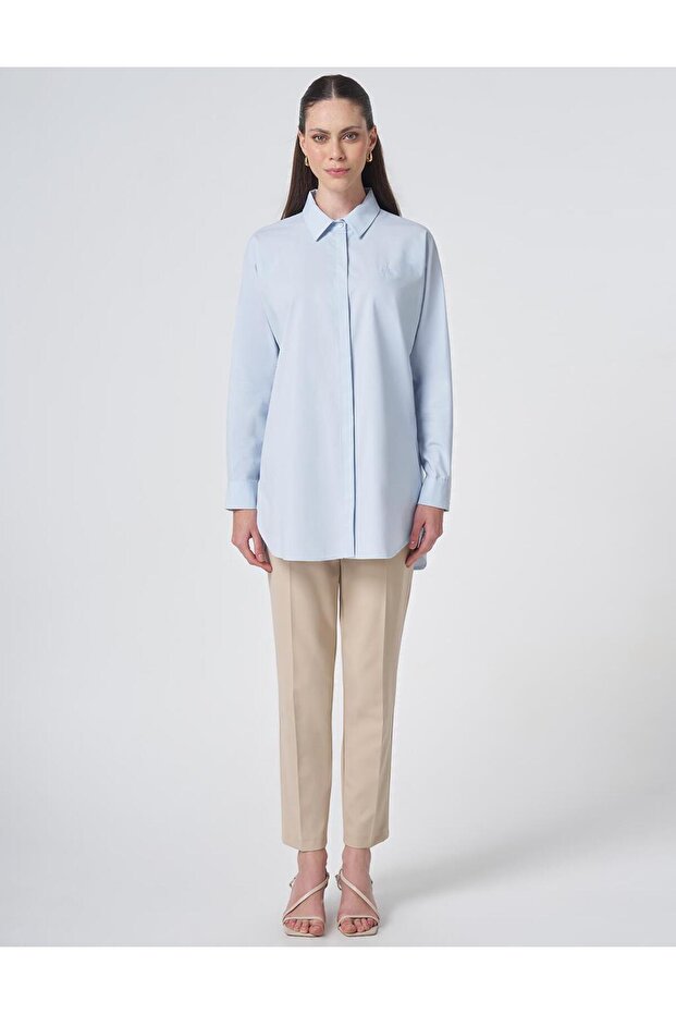 Shirt Collar Basic Poplin Tunic Ice Blue - 3