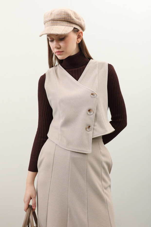 Cream Color Double Breasted Vest Suit Set