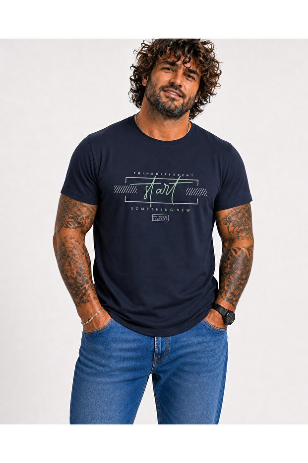 Men's Large Size Crew Neck T-Shirt Start 26136 Navy Blue