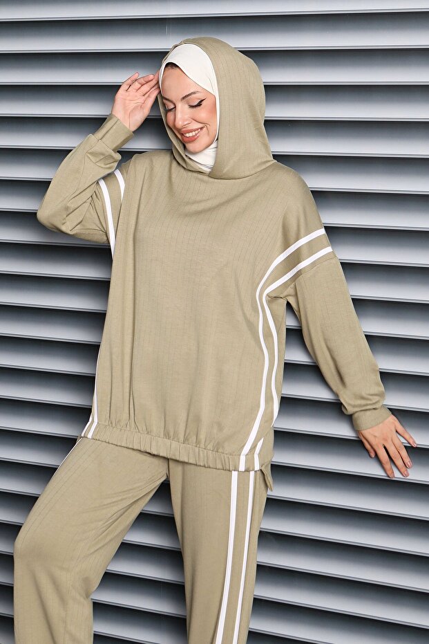 Stripe Detailed Modal Double Suit - 27710-Khaki