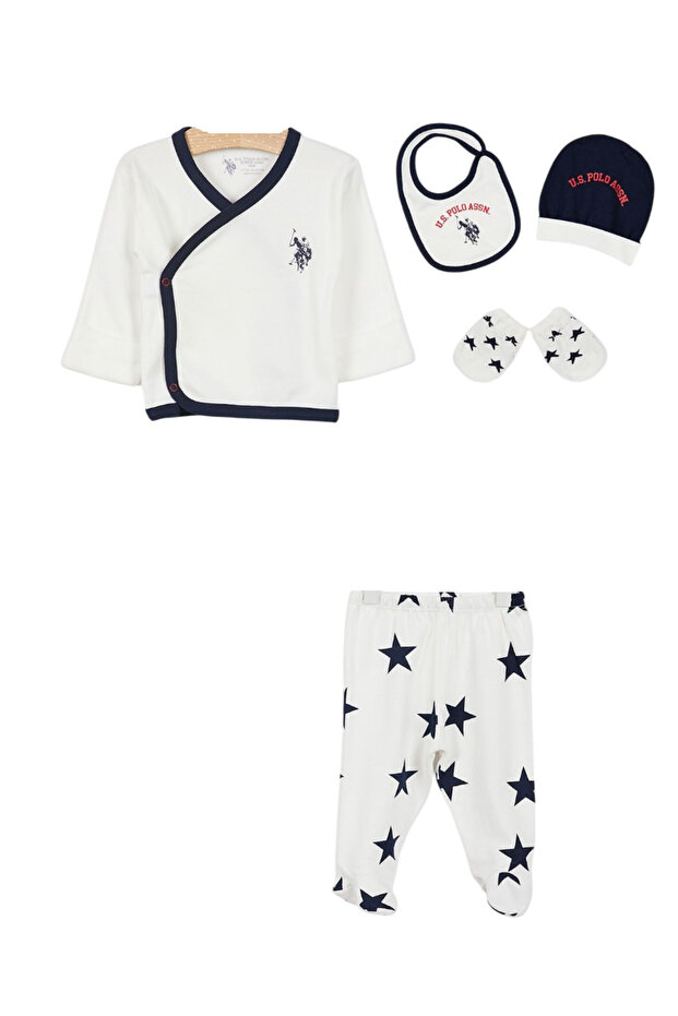 U.S. Polo. Assn Licensed Baby Boy Newborn Cream 5-Piece Hospital Exit Set