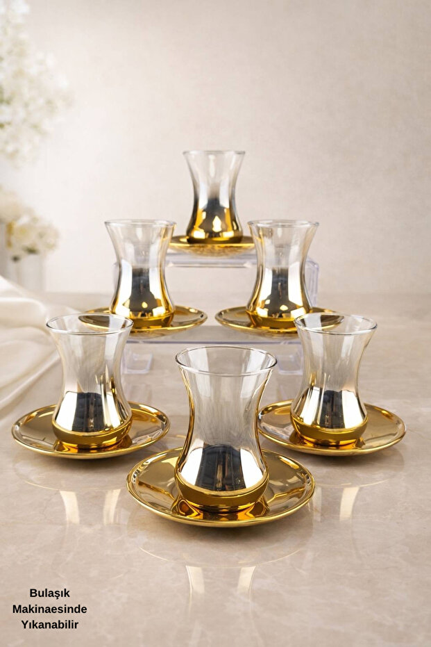 Derya Series Glass Titanium Coated Tea Cup Set for 6 People - Luxury Dowry Tea Set - 12 Pieces