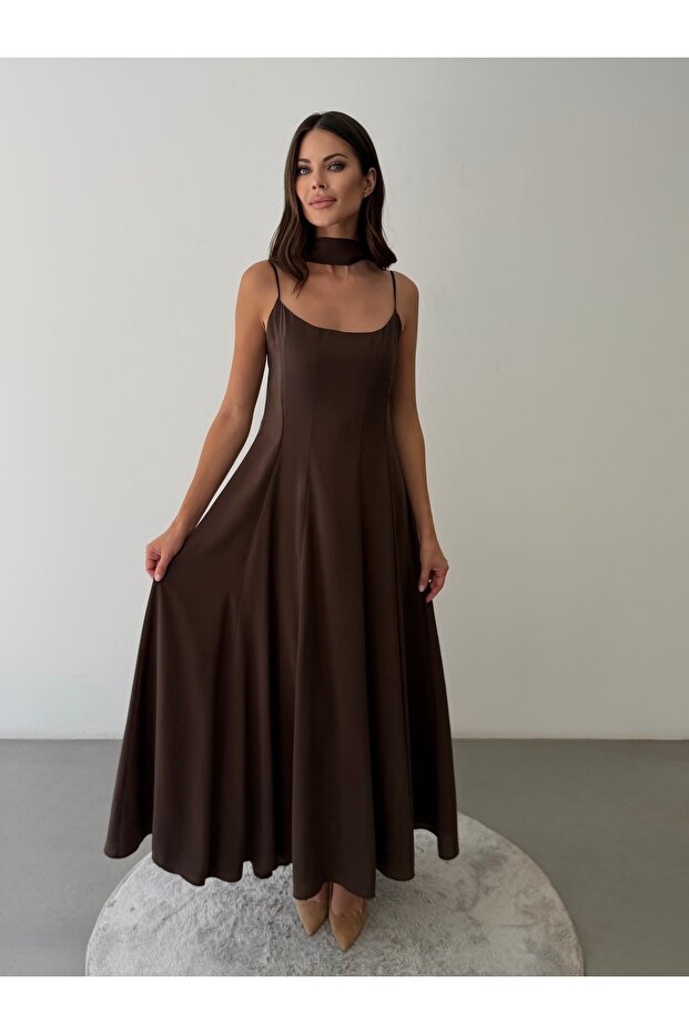 Halter Neck Flared Cut Draped Maxi Dress - Brown