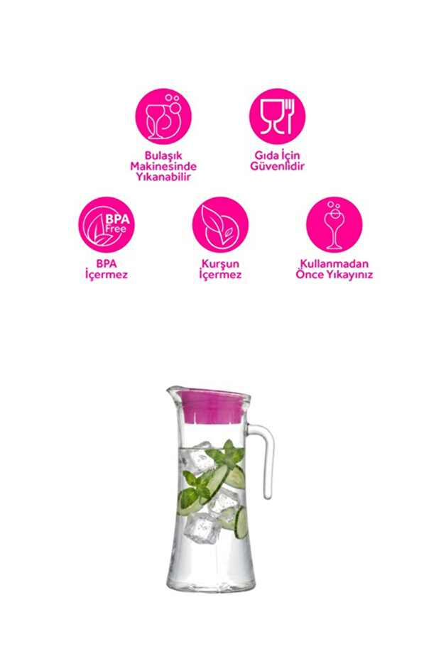 Truva Cam Sürahi Tekli 1,4 L Kulplu Pembe Plastik Kapaklı - 4